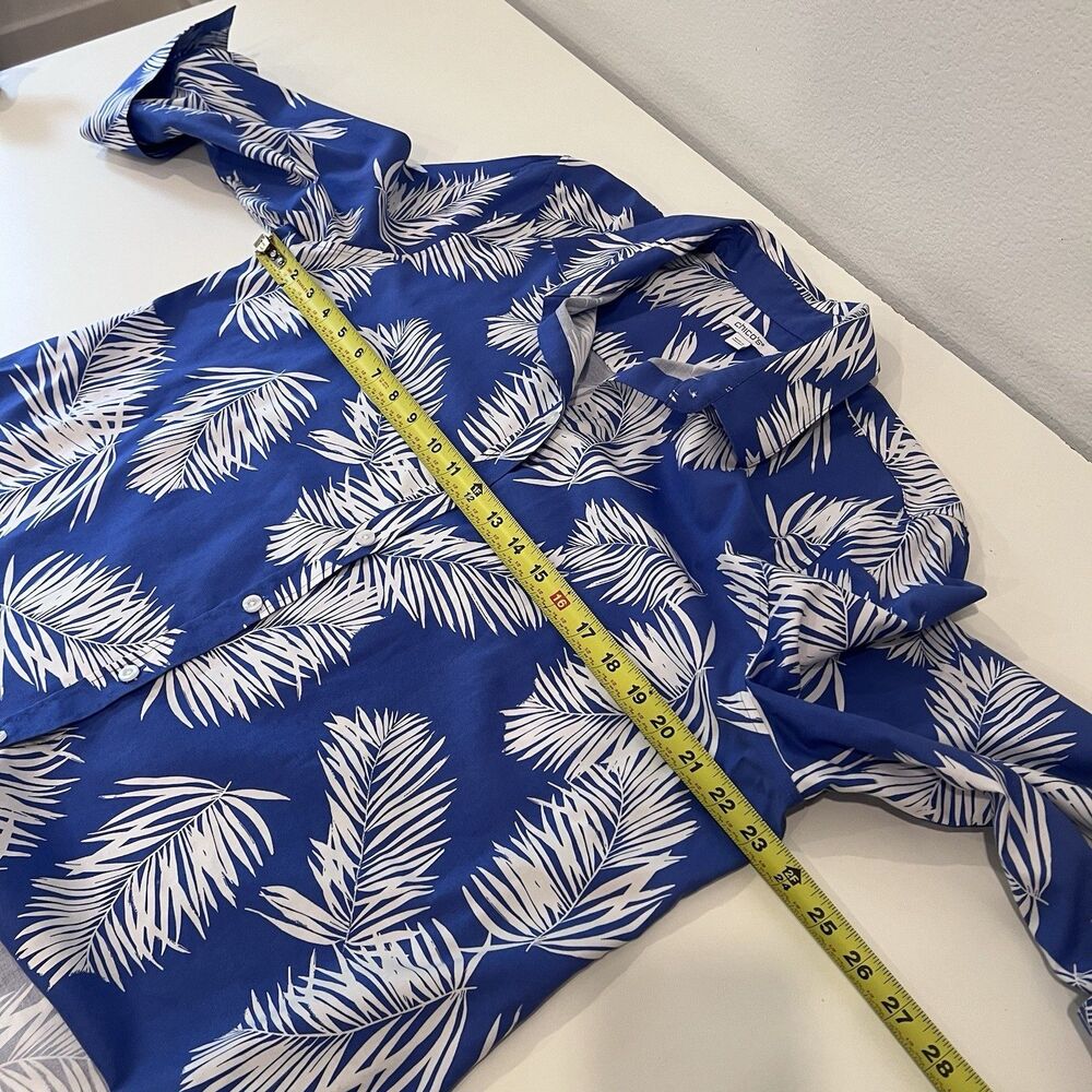 Chico’s Size 16 Button-Up Collared Blue/White Coastal Palm Shirt Cuffed Sleeve - Picture 6 of 7